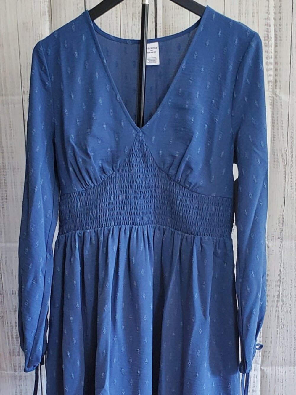 Melrose and Market Smocked Waist Long Sleeve Minidress Blue Canal Size S  NWT